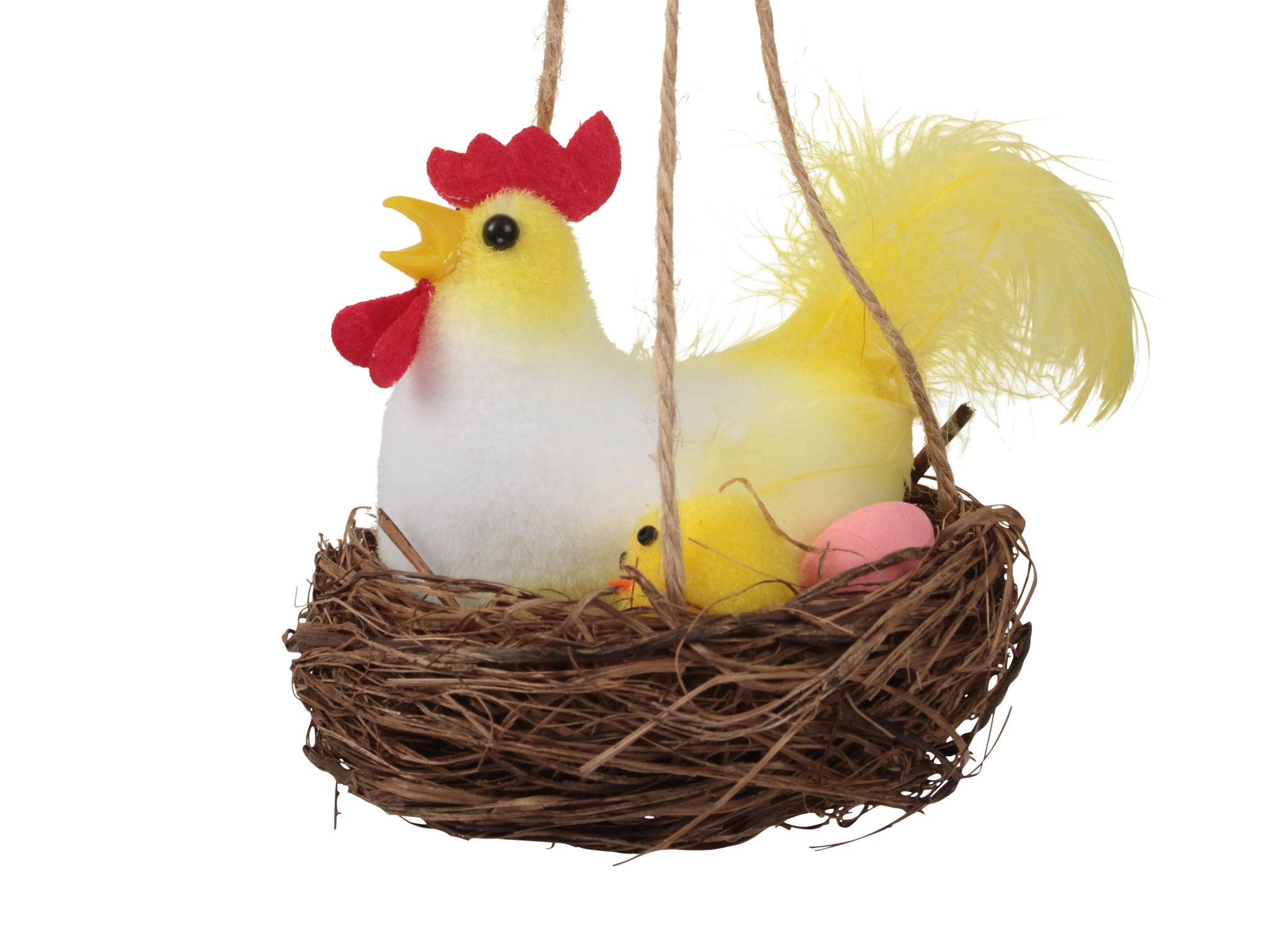 2x Nest met kip ⌀ 7.5 cm hangend geel