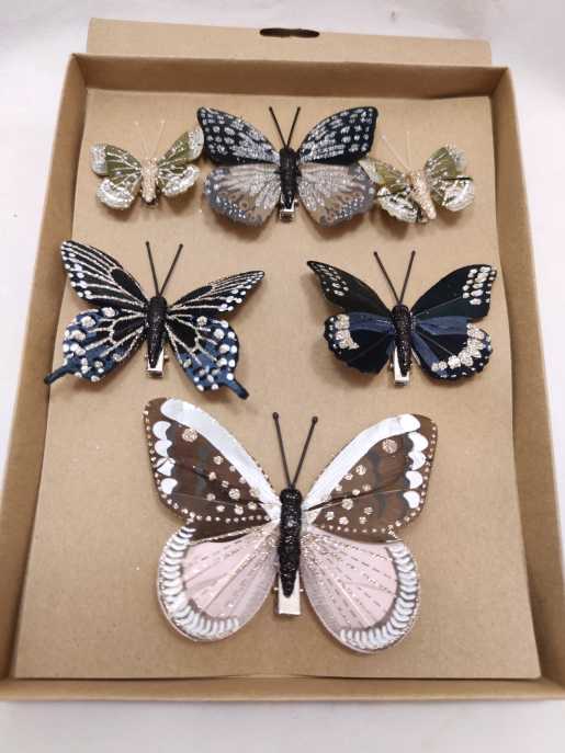 Papillon 5-8-12 cm met clip glitter ass. 6 p.
