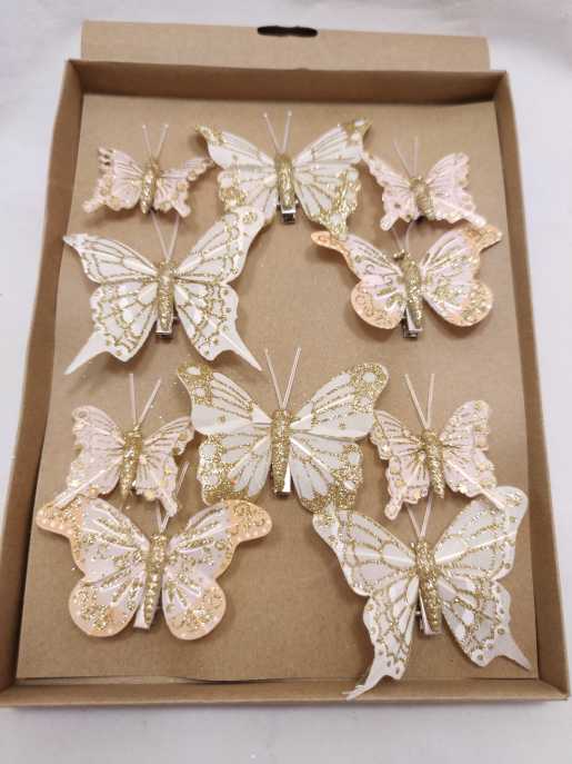 Butterflies 5-8 cm met clip glitter champagne 10 p.
