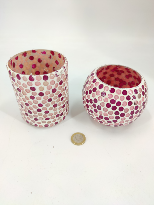 Vase à bougie mosaïque rose rond 12x9 cm