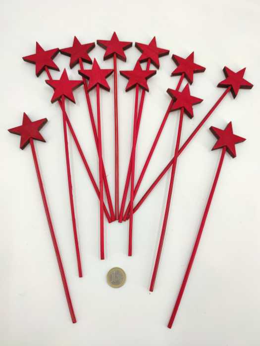 Houten sterretjes op steker D 5 cm rood 12 st.