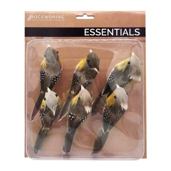 Birds brown yellow with real feathers on clips 6 pcs.