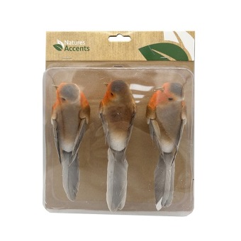 Birds orange 14 cm with real feathers on clips 3 pcs.