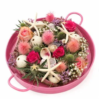 DIY-box Zomertaart bloemstuk maken met steekschuim 22 cm schelpen droogbloemen en versgroen ontwerp Carlein Tukkers - Denterg