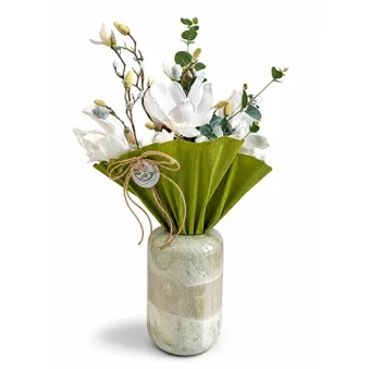 Magnolia kunstboeket wit zijden bloemen 60 cm 5 takken met 3 grote en 1 kleine magnolia en eucalyptus voor cadeau en woondeco