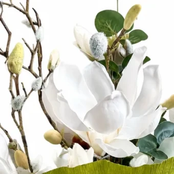 Magnolia kunstboeket wit zijden bloemen 60 cm 5 takken met 3 grote en 1 kleine magnolia en eucalyptus voor cadeau en woondeco