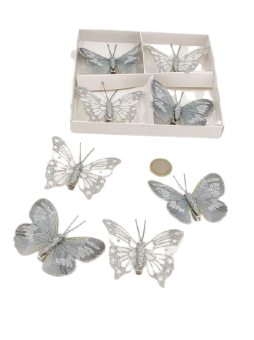 Papillon 8 cm avec clip glitter gris-creme 8 p.