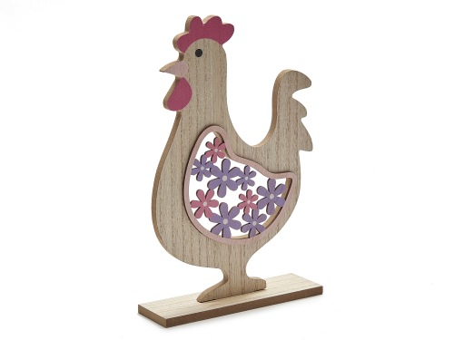 Coq en bois avec fleurs 27 cm