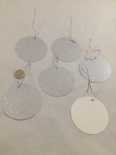 Glitter Christmas bauble flat with string 8 cm 6 pcs silver