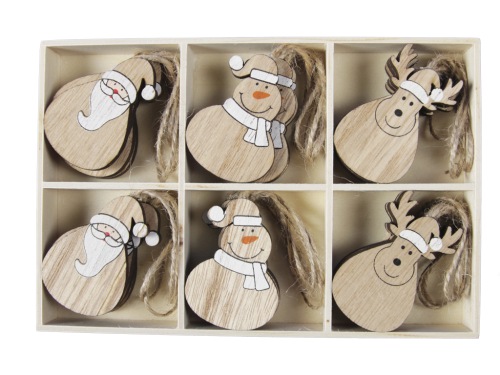 24 st. Houten hangdecoratie kerst 5.5 cm ass. 3x8 st.