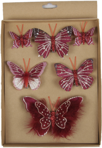 Butterflies 5-8-12 cm met clip burgundy 6 St.