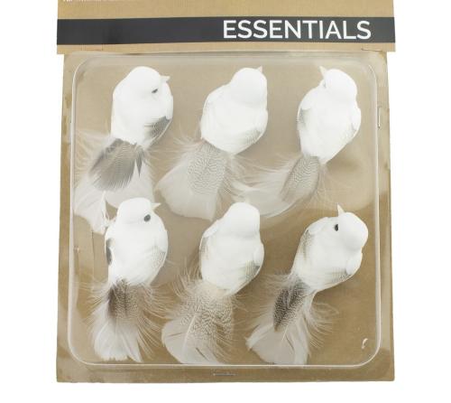 Birds white 10 cm with real feathers on clips 6 pcs.