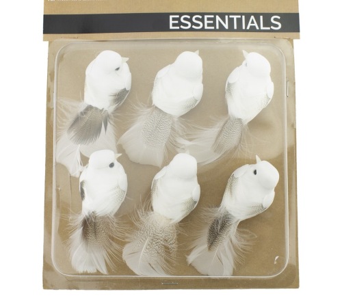 Oiseaux blanc 10 cm avec de vraies plumes sur clips 6 pcs.