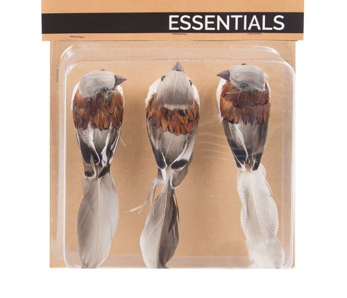 Birds brown 16 cm with real feathers on clips 3 pcs.