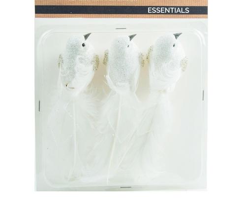 Birds glitter white 17 cm with real feathers on clips 3 p.