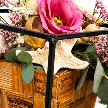 DIY pakket dubbele kubus metal met bananenblad rol, schelpen en zeesterren- bloemschikmateriaal dentergem