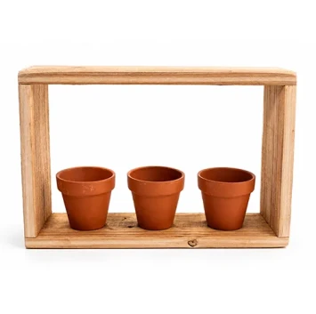 Houten frame met 3 terracotta potjes - Dentergem - bloemschikmateriaal