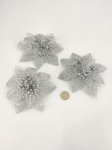 Blume Clip Glitter Silber  11-12 cm 3 Stk.