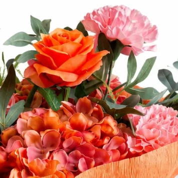 Kunstboeket luxe zalmroze zijden bloemen 65 cm 10 takken met rozen anjers hortensia distel en varen voor cadeau en woondecora