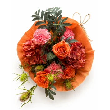 Kunstboeket luxe zalmroze zijden bloemen 65 cm 10 takken met rozen anjers hortensia distel en varen voor cadeau en woondecora