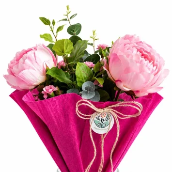 Kunstboeket pioenen roze zijden bloemen 50 cm 6 takken met hedera en eucalyptus voor cadeau en woondecoratie - Dentergem - bl