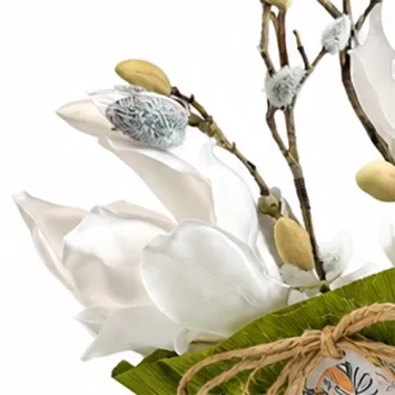 Magnolia kunstboeket wit zijden bloemen 60 cm 5 takken met 3 grote en 1 kleine magnolia en eucalyptus voor cadeau en woondeco