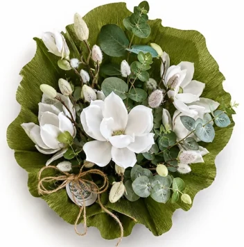Magnolia kunstboeket wit zijden bloemen 60 cm 5 takken met 3 grote en 1 kleine magnolia en eucalyptus voor cadeau en woondeco