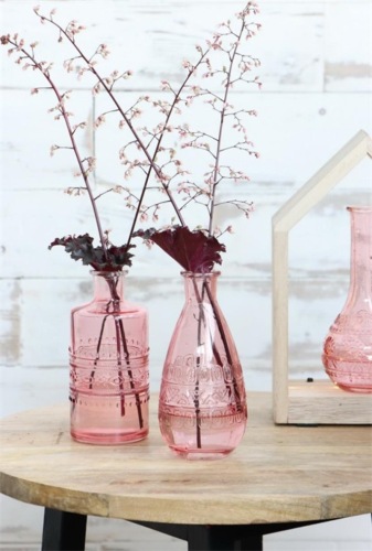 Gekleurde glazen fles rome roze Ø7,5 h.15,8 cm