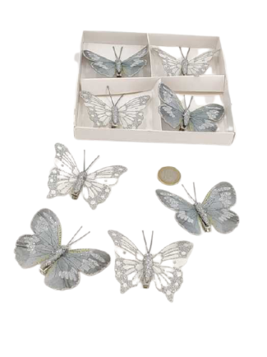 Butterflies 8 cm with clip glitter grey-cream 8 p.