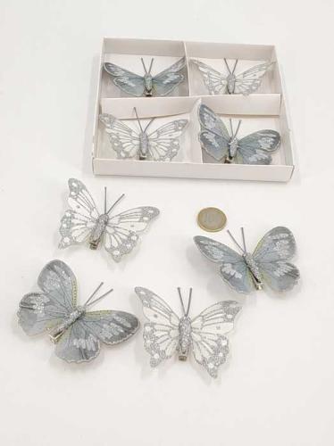 Butterflies 8 cm with clip glitter grey-cream 8 p.